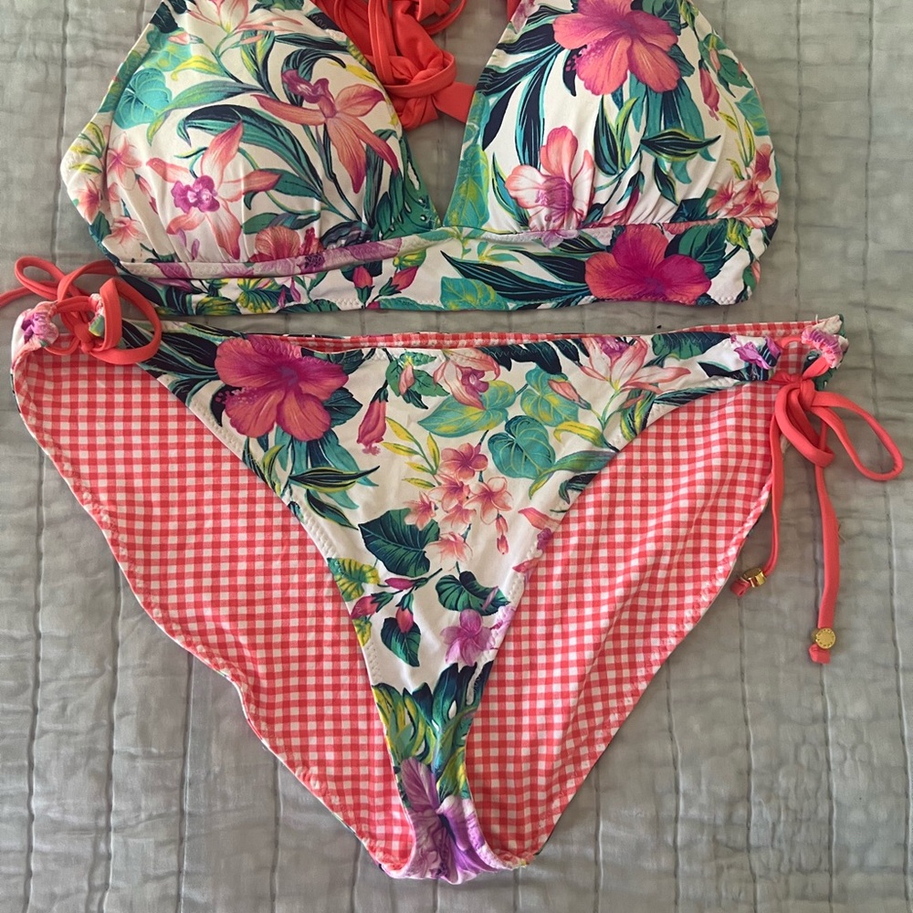 Tommy Bahama Floral & Gingham Coral Tie Bikini